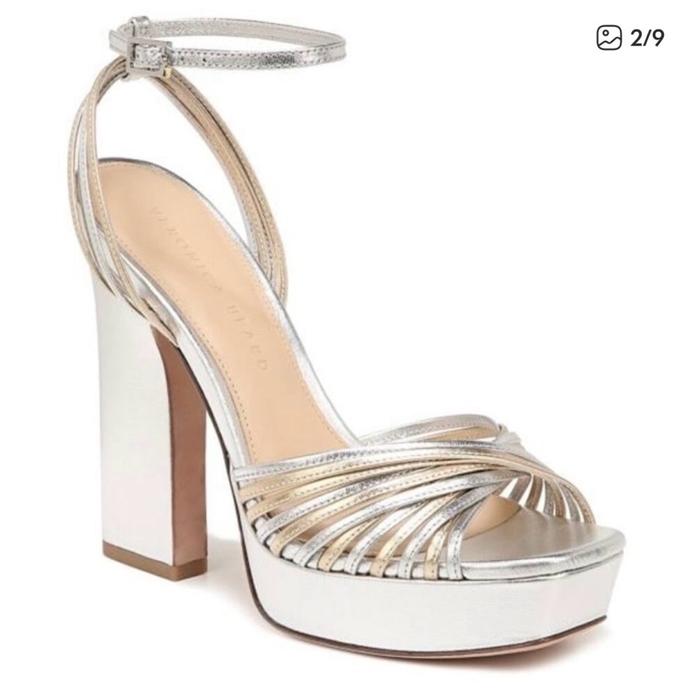 Veronica Beard Silver Metallic Platform Ankle-Strap Sandals